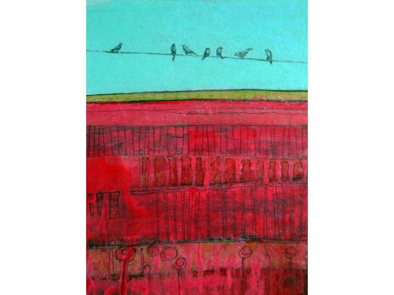 05 black birds pink field II Acrylic on paper 14 x 14cm PRIVATE COLLECTION
